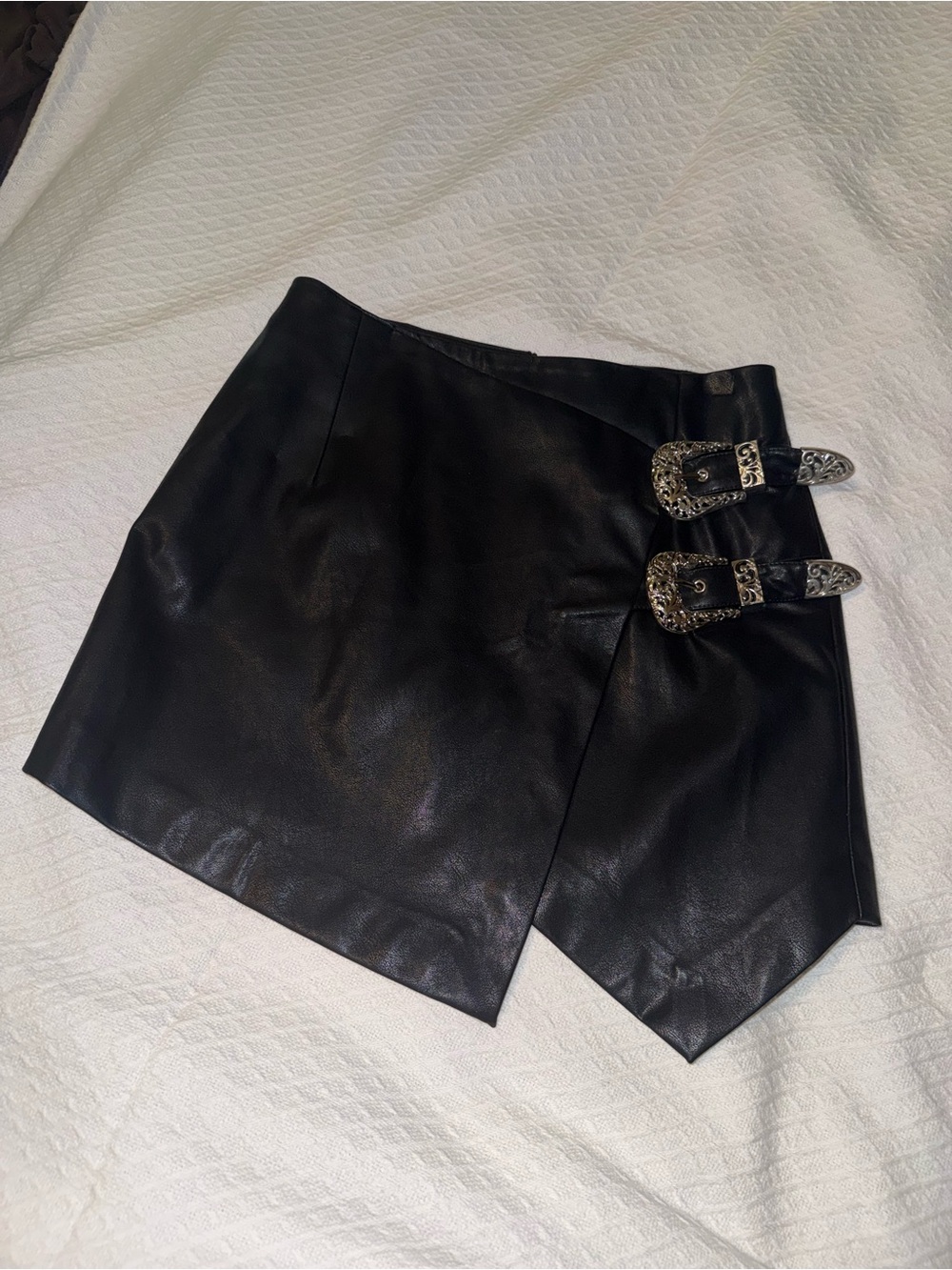 Black Faux Leather Wrap Skirt with Decorative Buckles